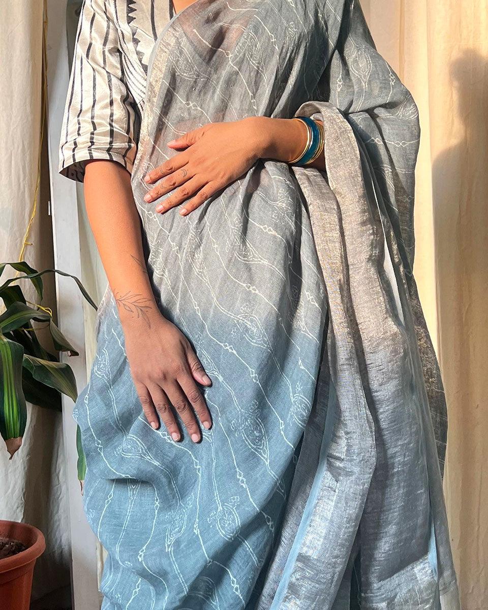 Stone Grey Blockprinted Handwoven Linen Zari Saree - Anant
