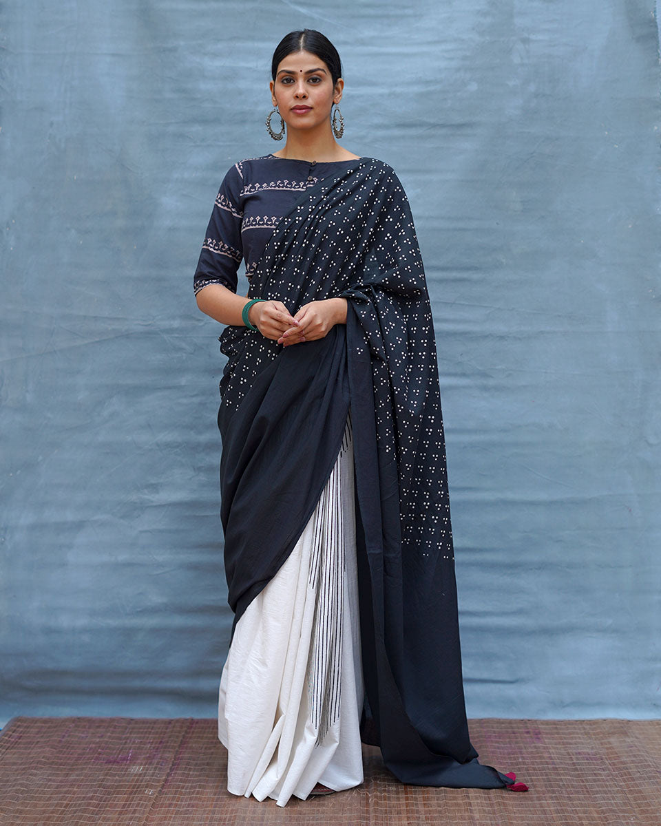 Monochrome Magic Black & White Handblock Print Cotton Saree - M&M