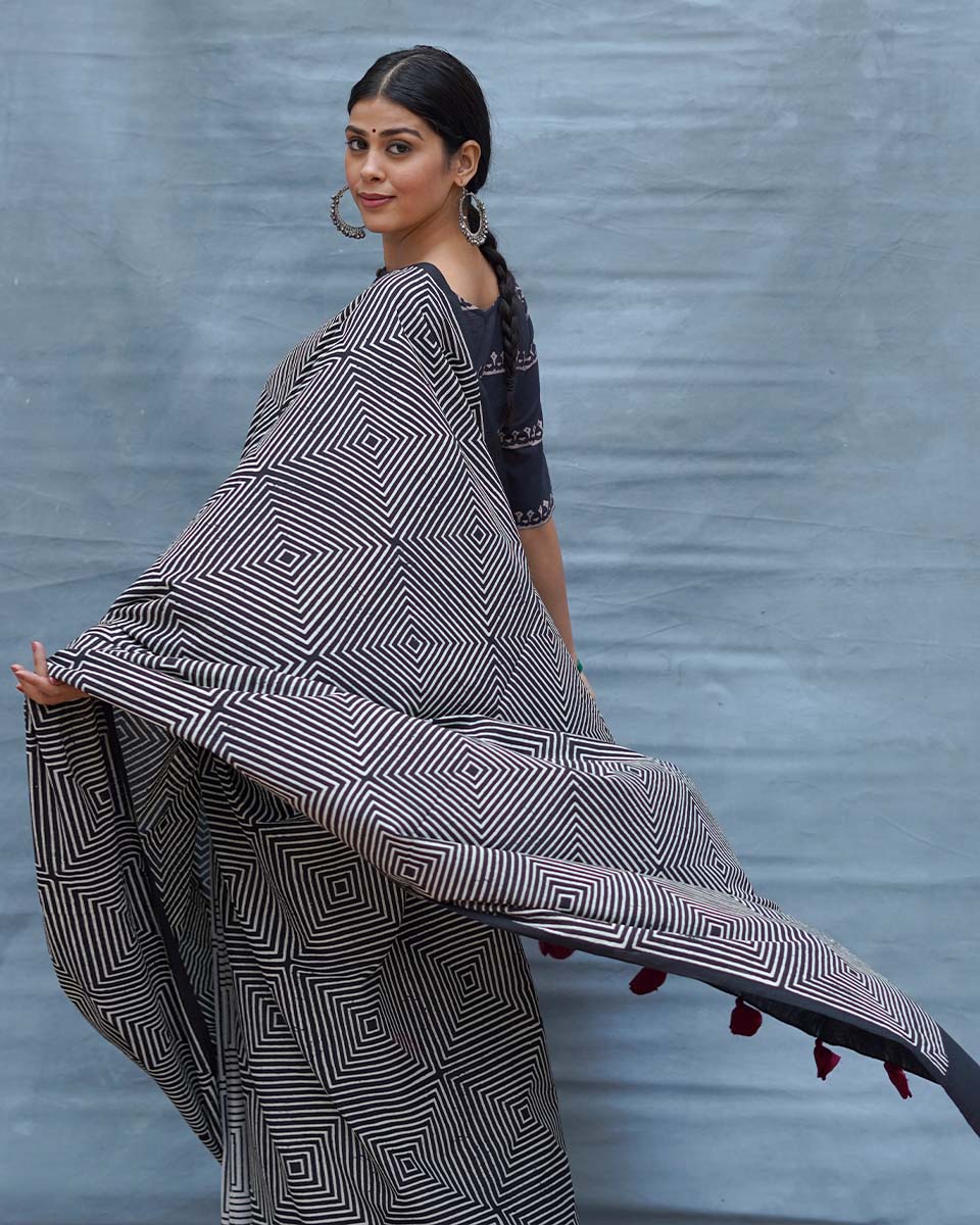 Vintage Muse Black & White Handblock Print Cotton Saree - M&M