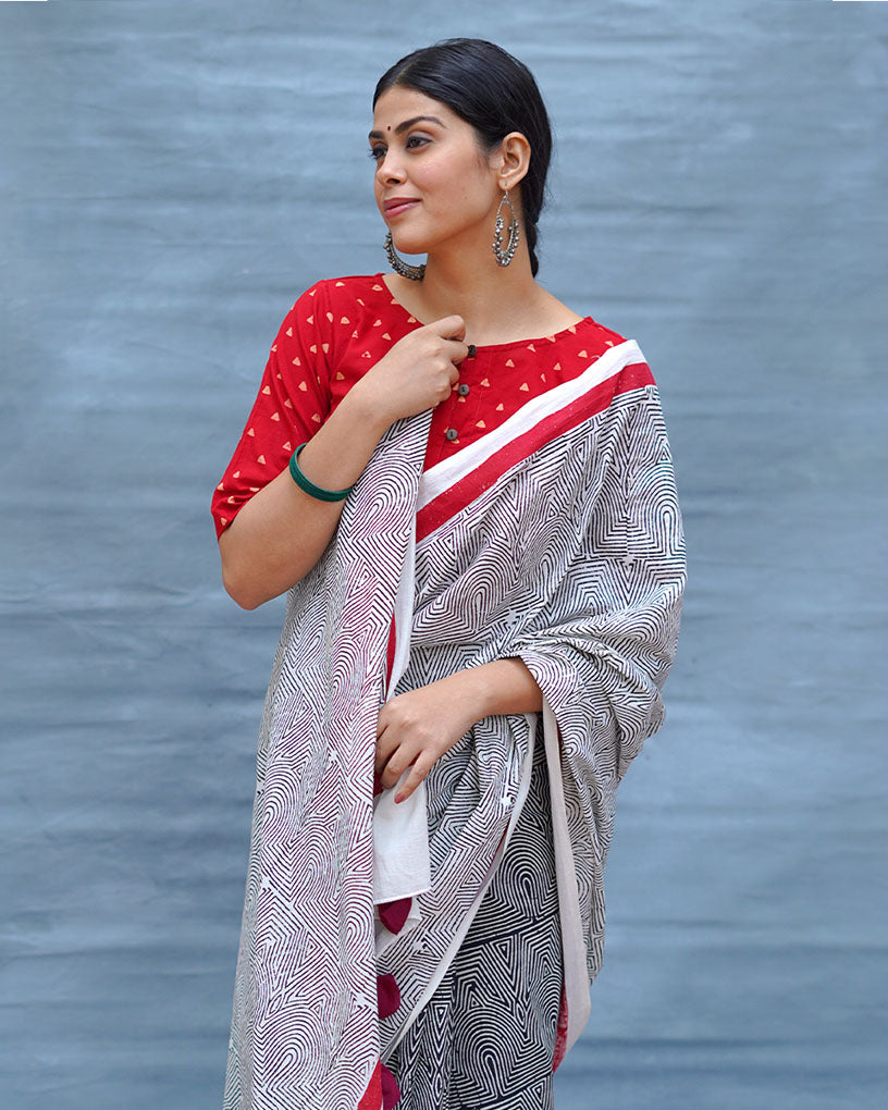 Vintage Poem Black & White Handblock Print Cotton Saree - M&M