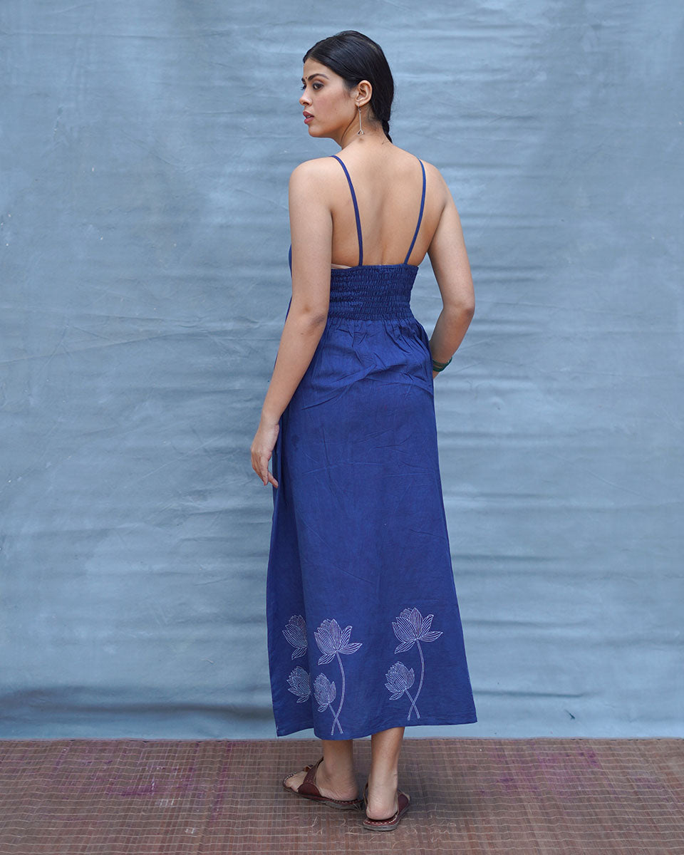 Pushpika Blue Handblock Print Cotton Dress - INDI