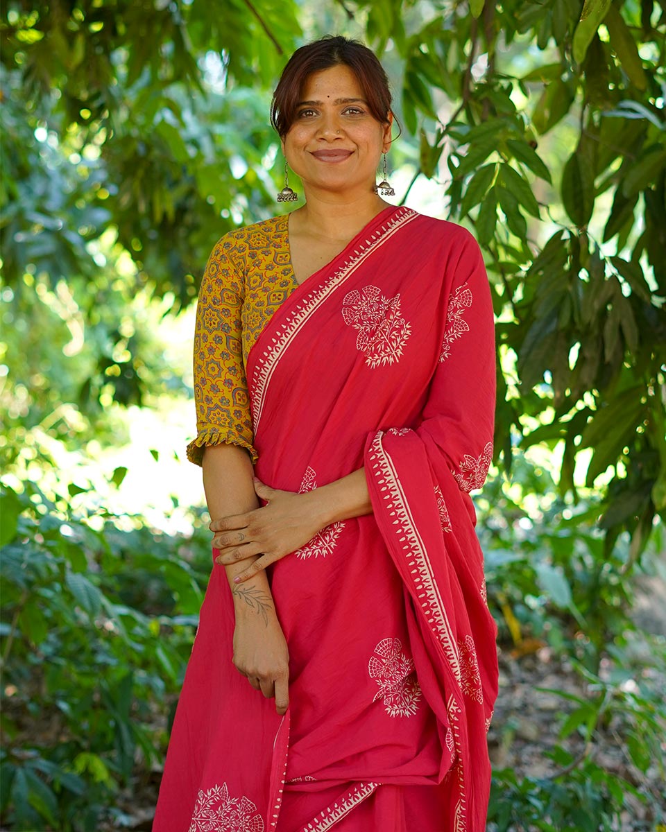 Walking Barefoot Red Hand Block Printed Cotton Saree - UMT