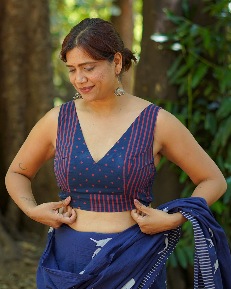 Playing till sunset Indigo Hand Block Printed Cotton Blouse - UMT