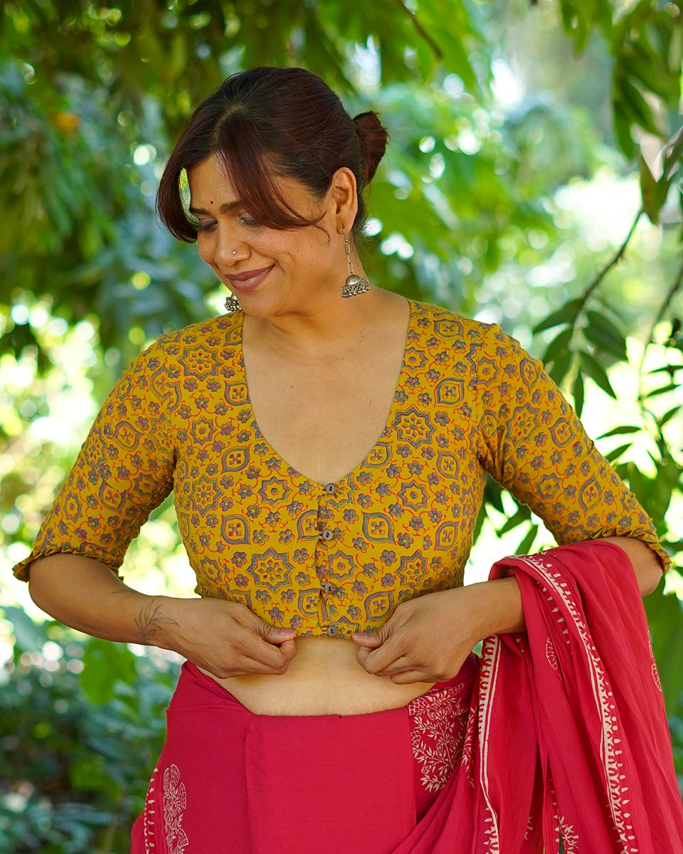 Swinging in veranda Mustard Yellow Hand Block Printed Cotton Blouse - UMT