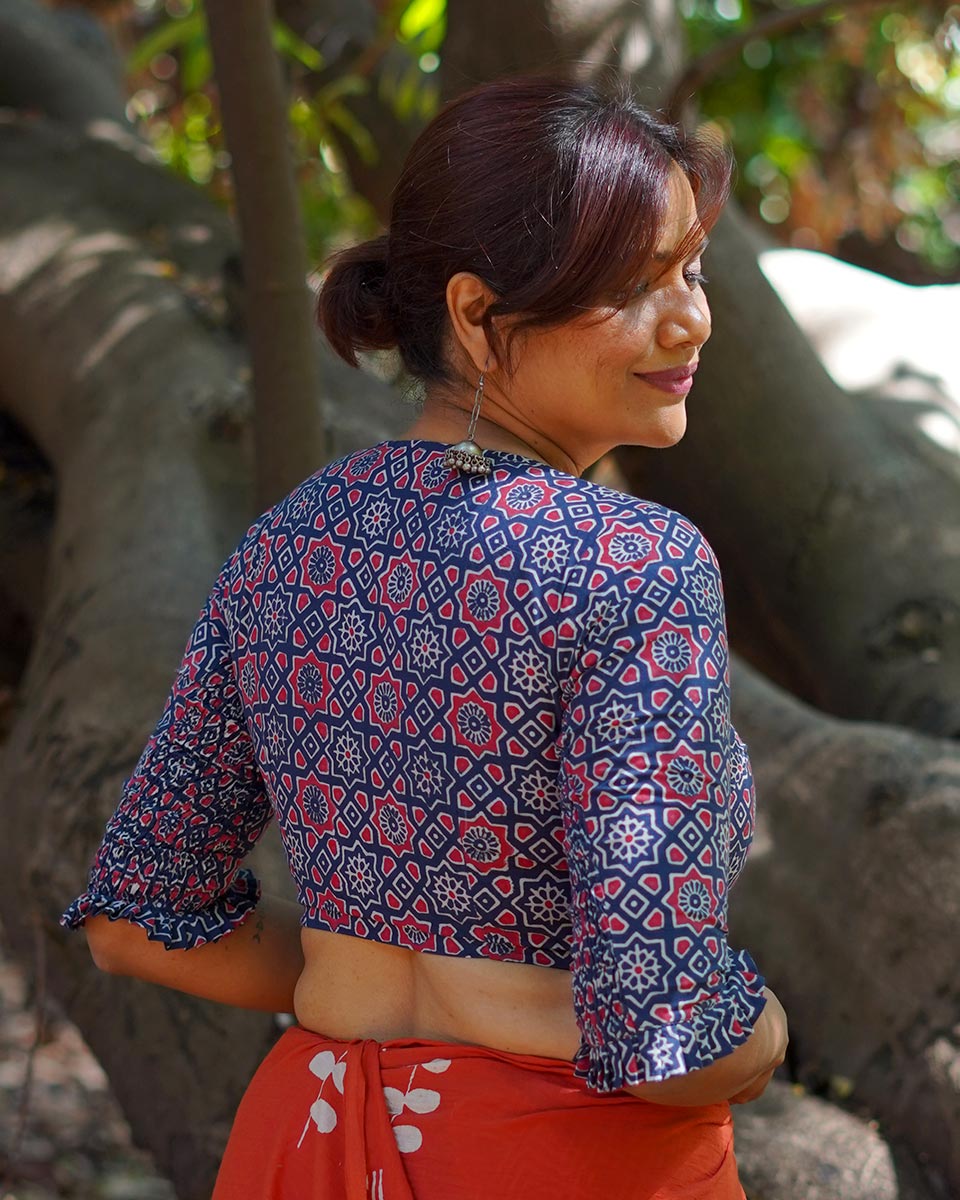 Carefree Hours Indigo Blue Hand Block Printed Cotton Blouse - UMT