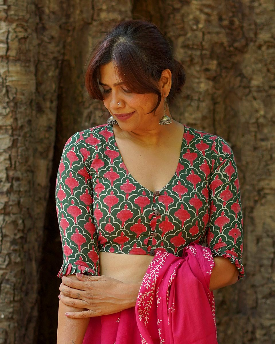 Nowhere To Be Green Hand Block Printed Cotton Blouse - UMT