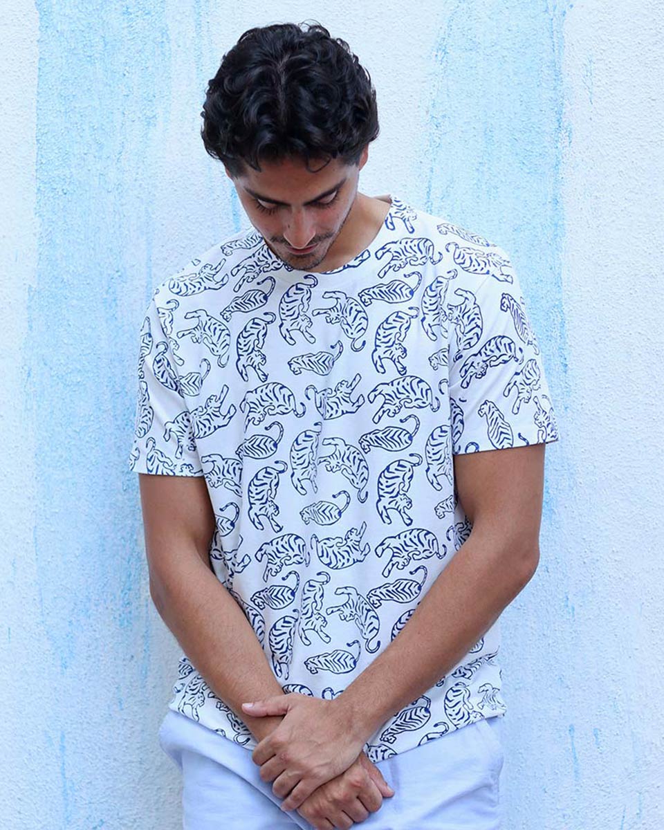 Farhad White Hand Block Print Cotton T- Shirt - TOF