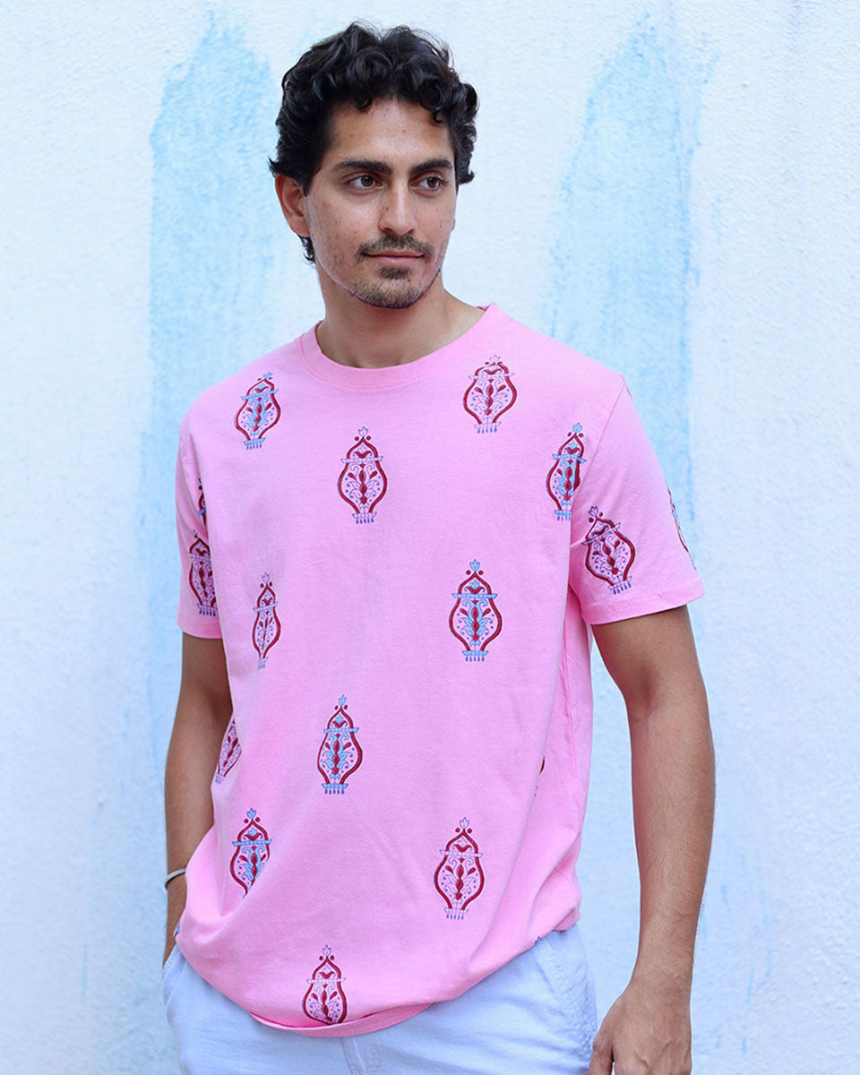 Mehboob Pink Hand Block Print Cotton T- Shirt - TOF