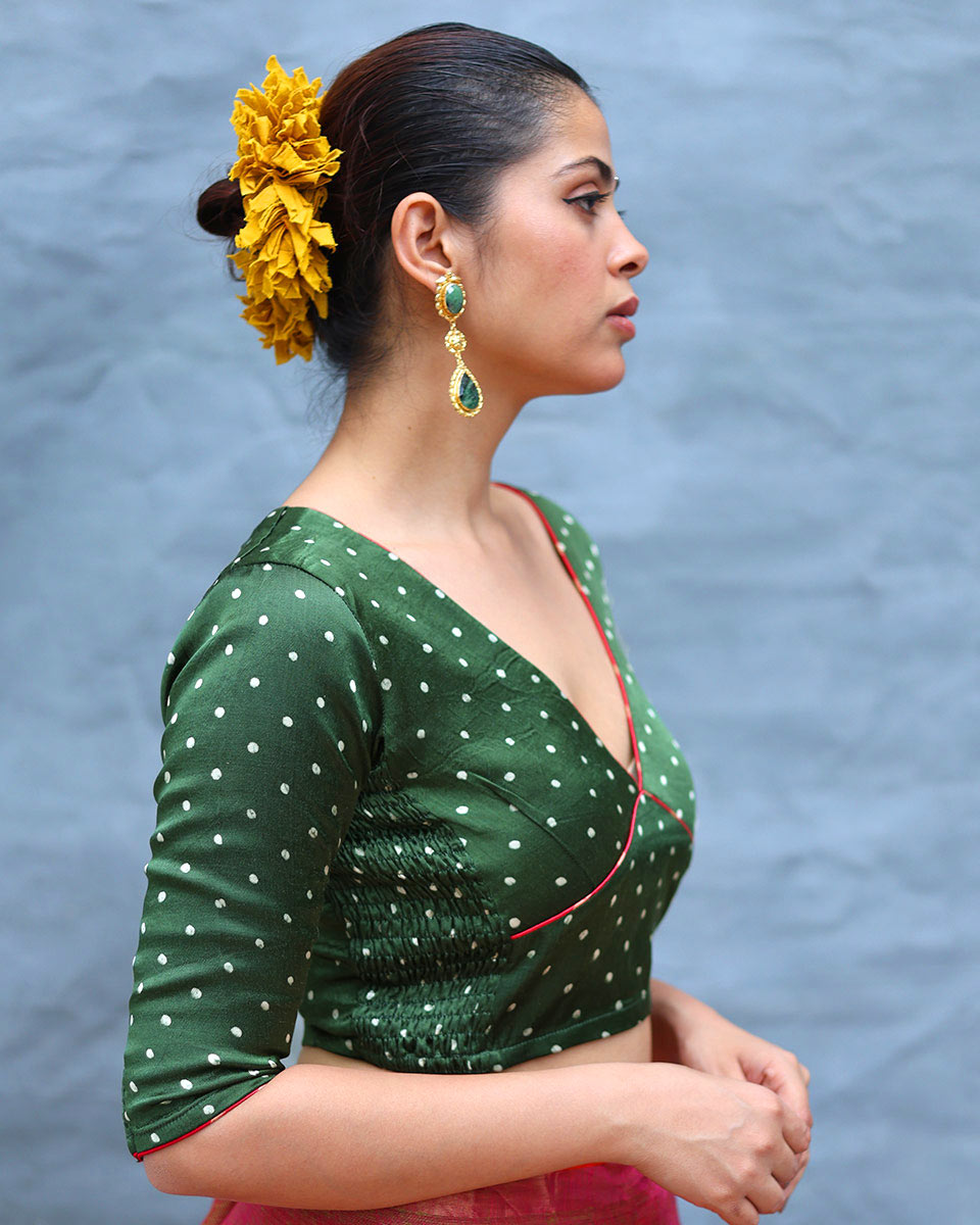 Manasvi Green Handblock Print Mashru Silk Blouse - RSH
