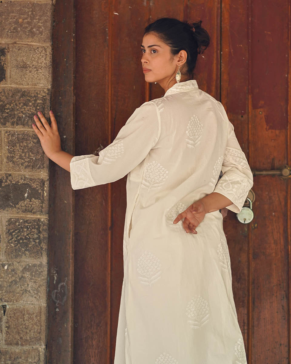 Bone China Light Ivory Block Printed Kurti - SFD