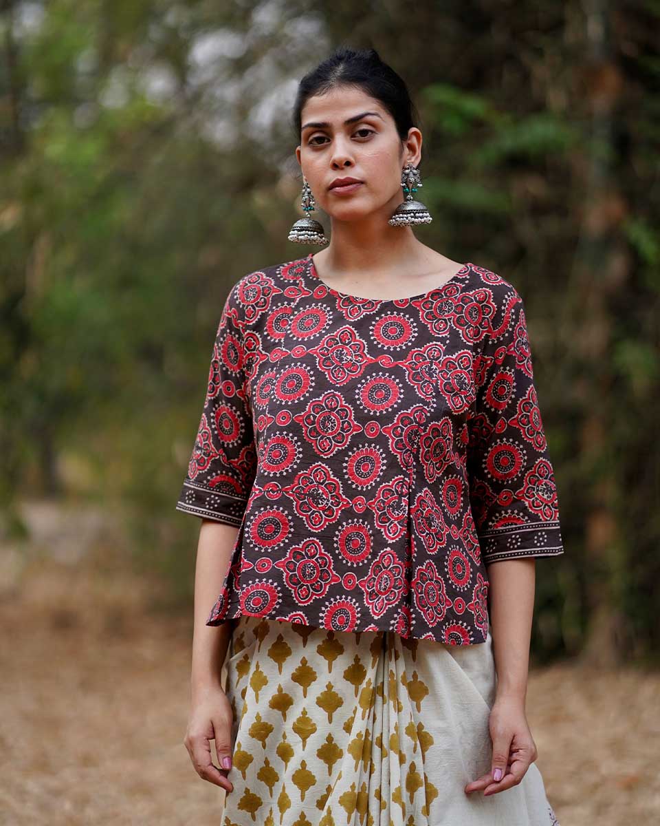 Buy Saanjh Dhale Brown Block Printed Cotton Top Tops ladies Tops