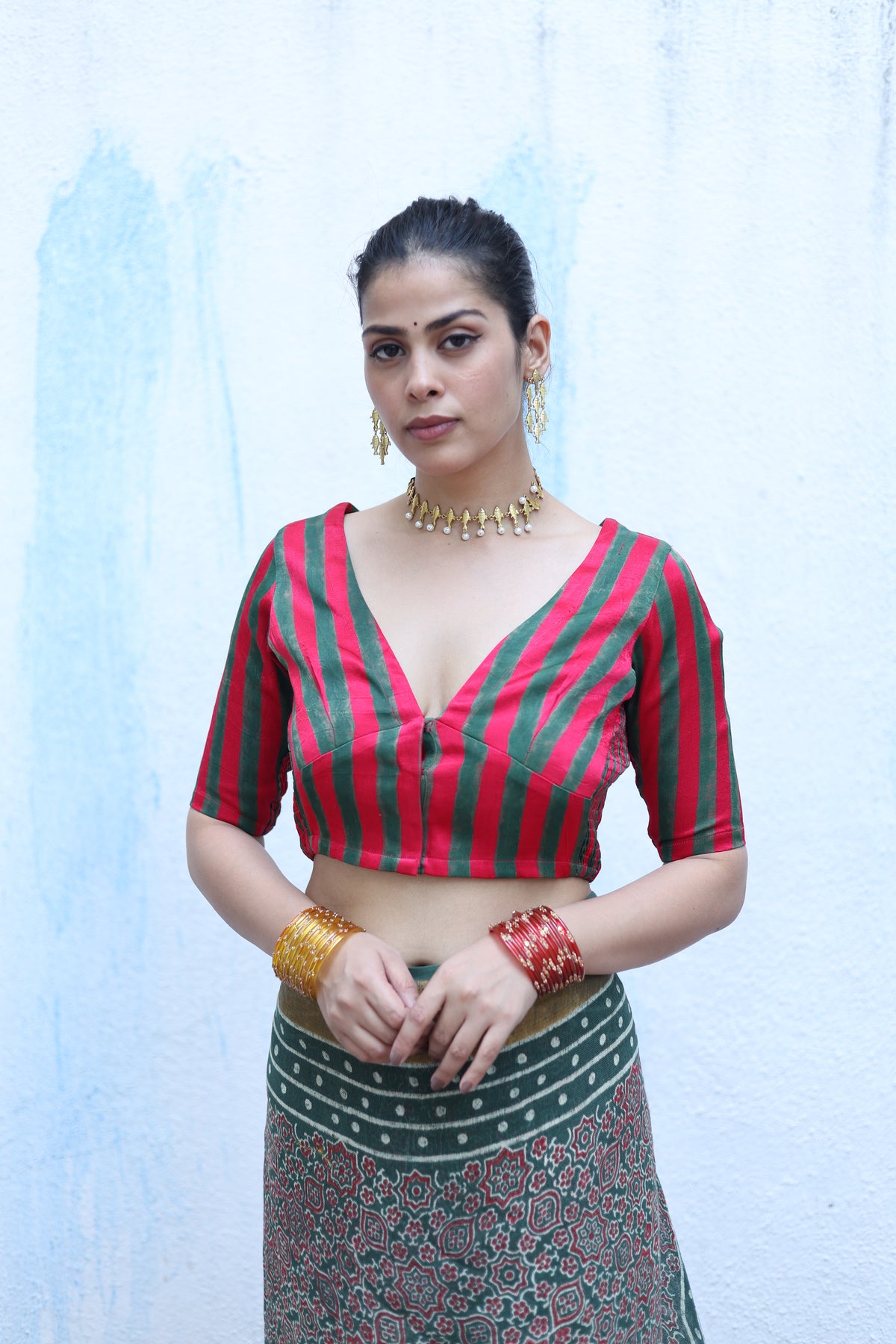 Tajalli Red With Green Handblock Print Mashru Silk Blouse - RSH