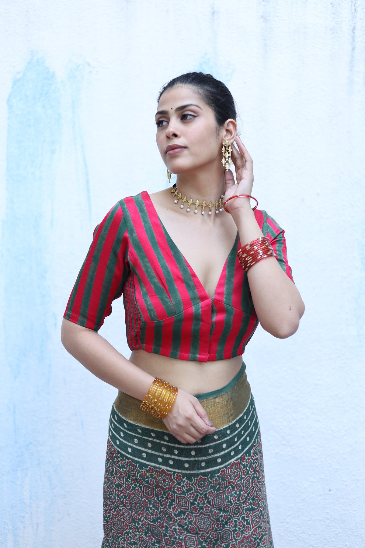 Tajalli Red With Green Handblock Print Mashru Silk Blouse - RSH