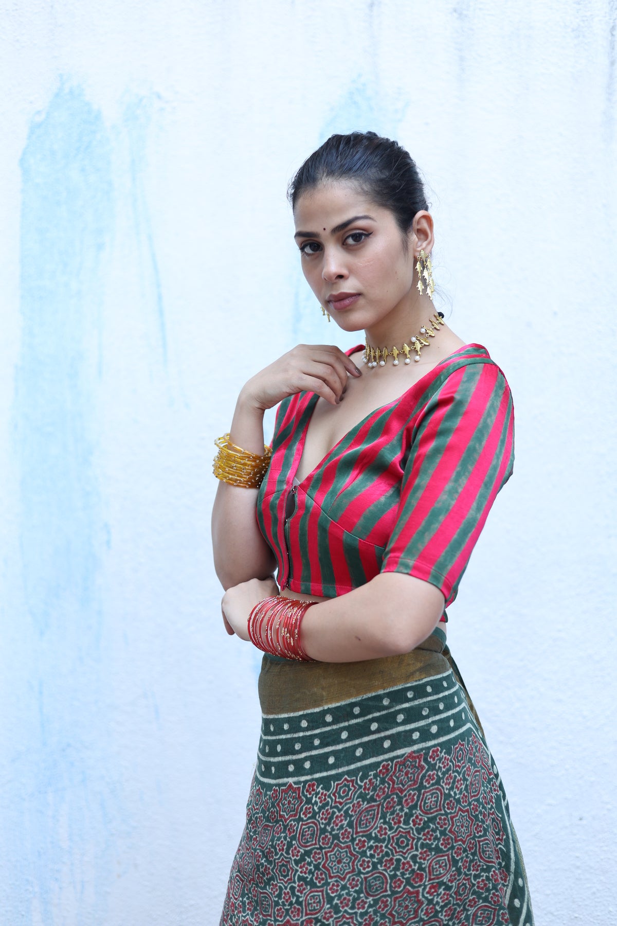 Tajalli Red With Green Handblock Print Mashru Silk Blouse - RSH