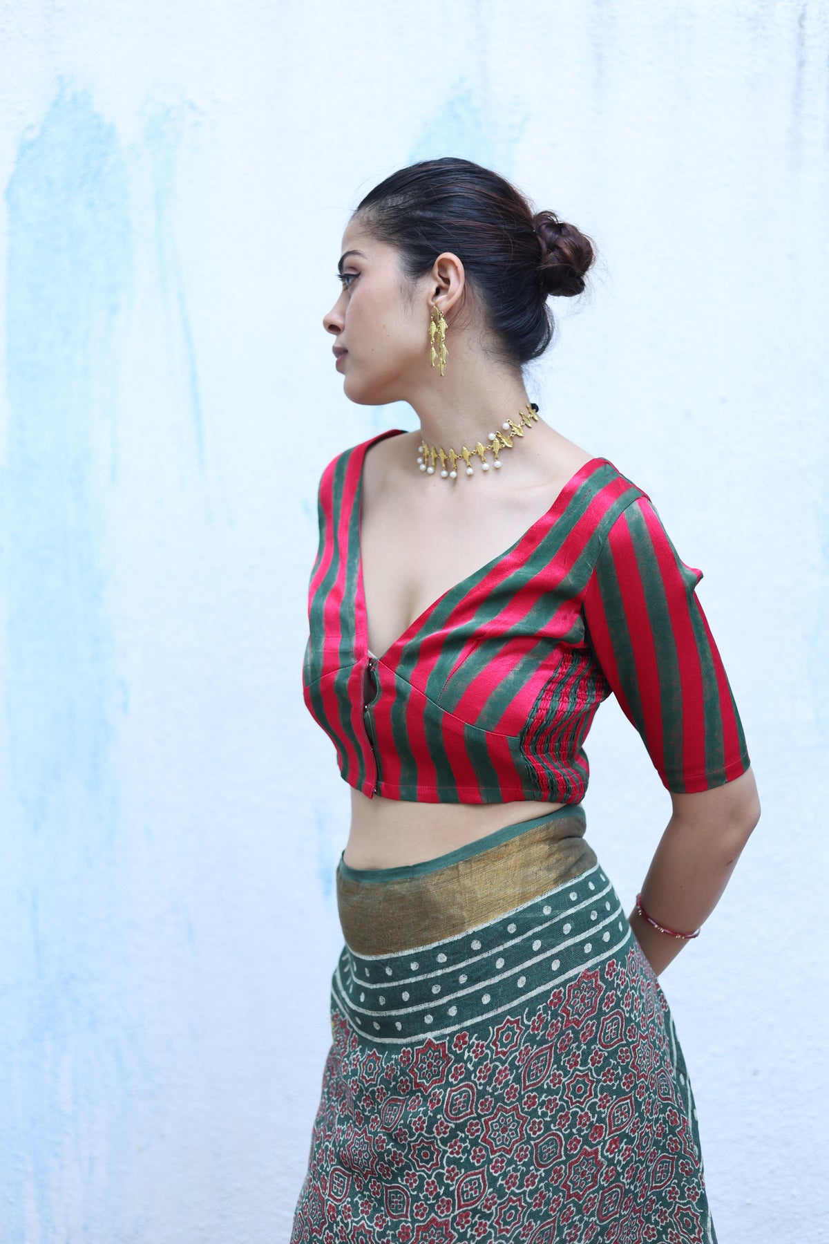 Tajalli Red With Green Handblock Print Mashru Silk Blouse - RSH