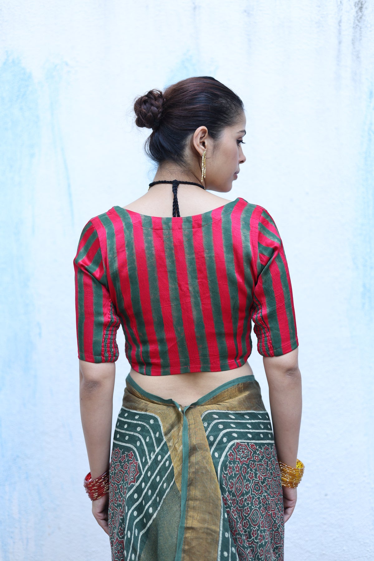 Tajalli Red With Green Handblock Print Mashru Silk Blouse - RSH