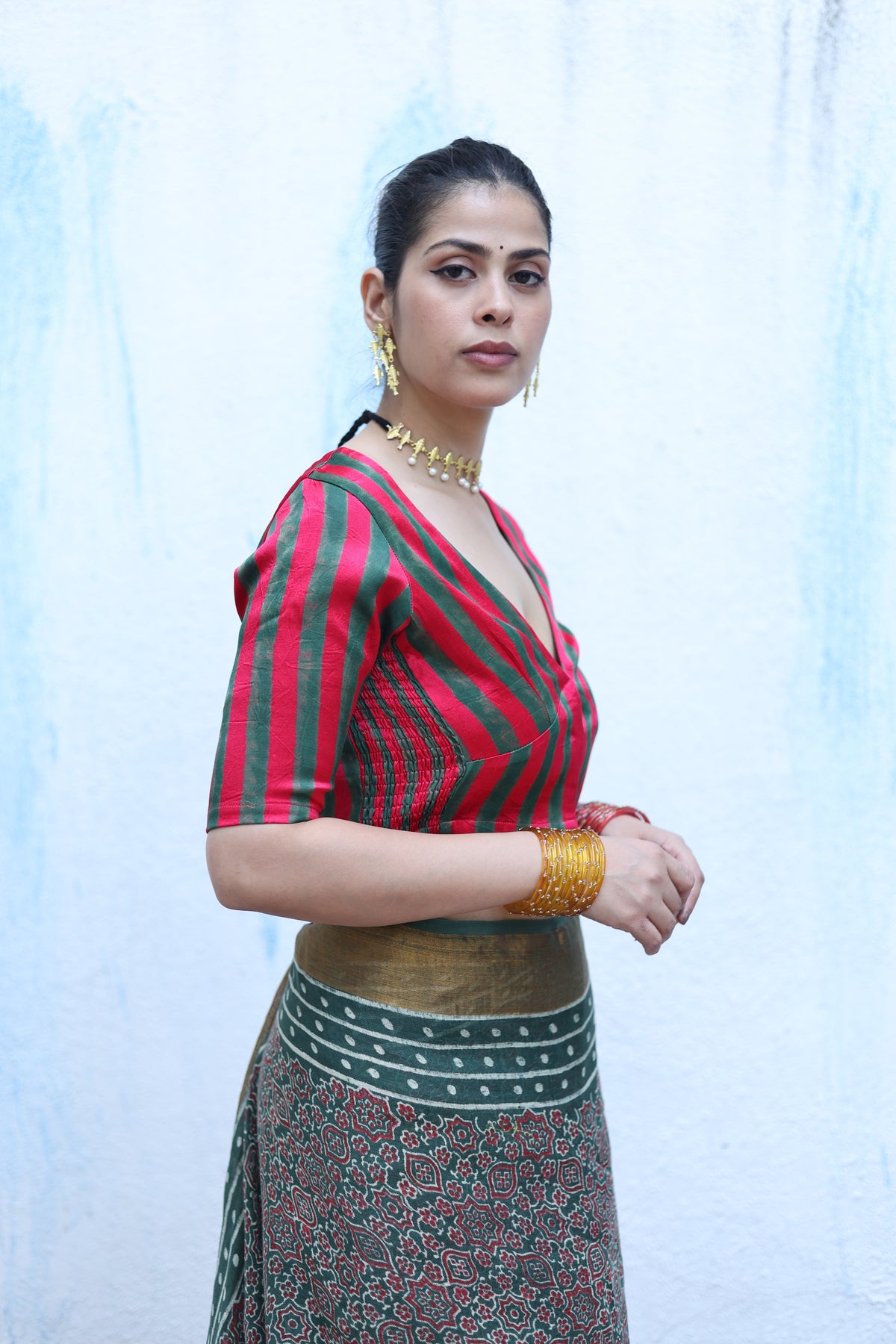 Tajalli Red With Green Handblock Print Mashru Silk Blouse - RSH