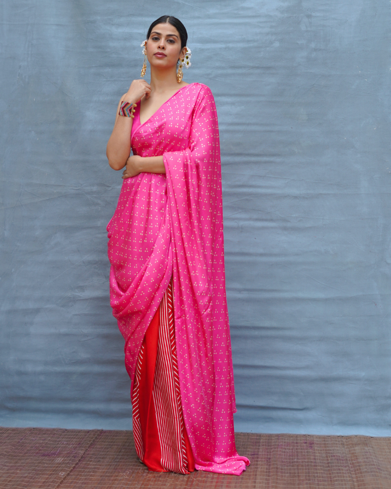 Light Sway Pink With Red Handblock Print Modal Silk Saree - Flow