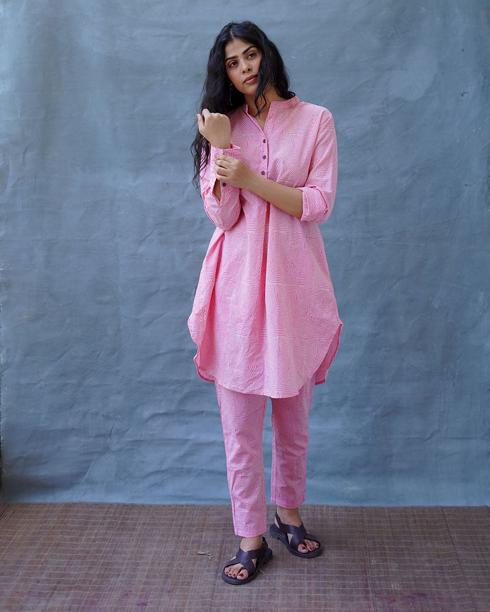 Radiant Roses Blush Pink Block Printed Kurta Set - MMG