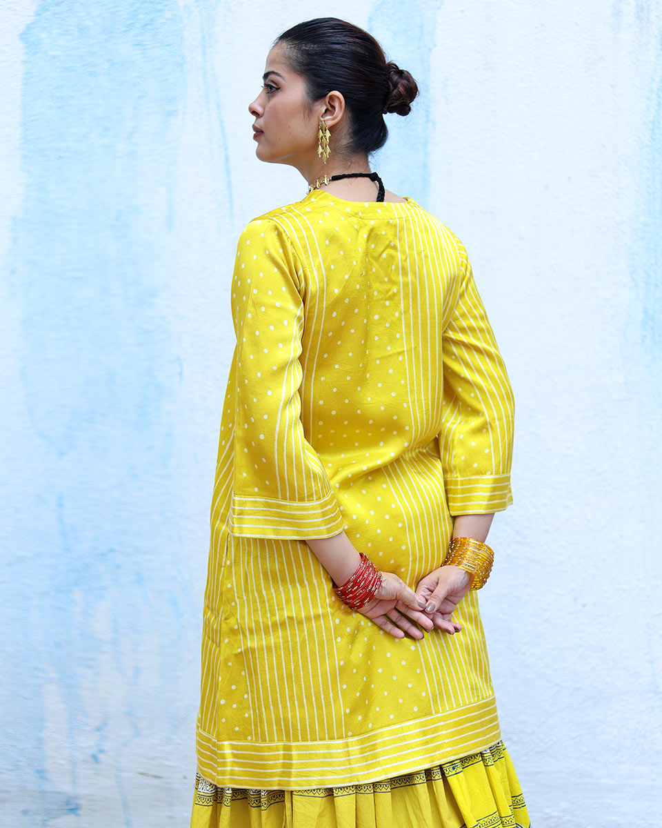 Jhilmil Yellow Handblock Print Mashru Silk Kurta - RSH