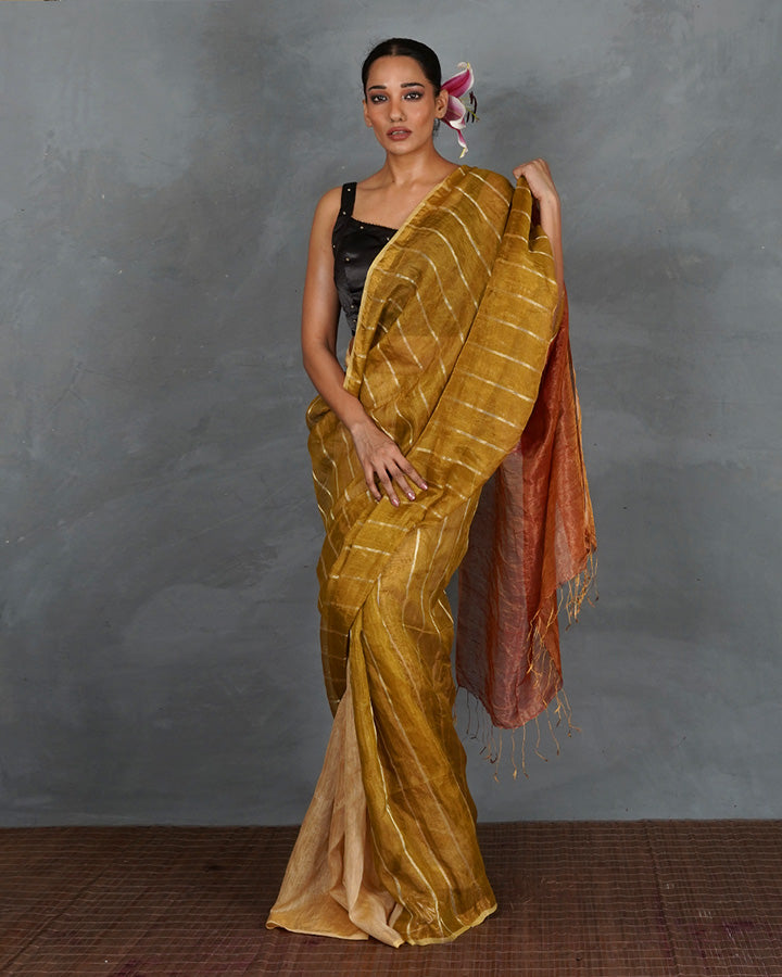 Catch Stars Mustard Gold Handwoven Linen Saree - TARA