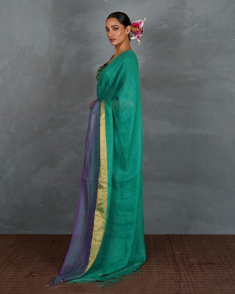 Shimmer On Green Handwoven Linen Saree - TARA