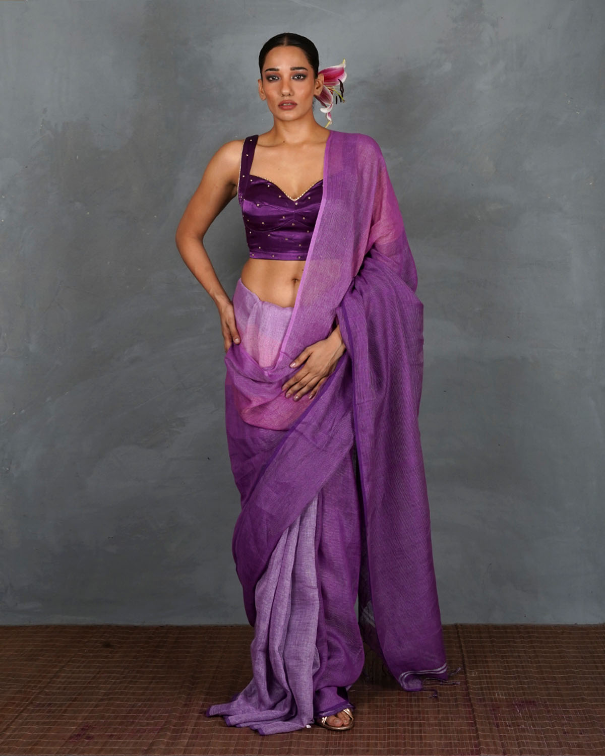 Embrace Glow Purple Handwoven Linen Saree - TARA