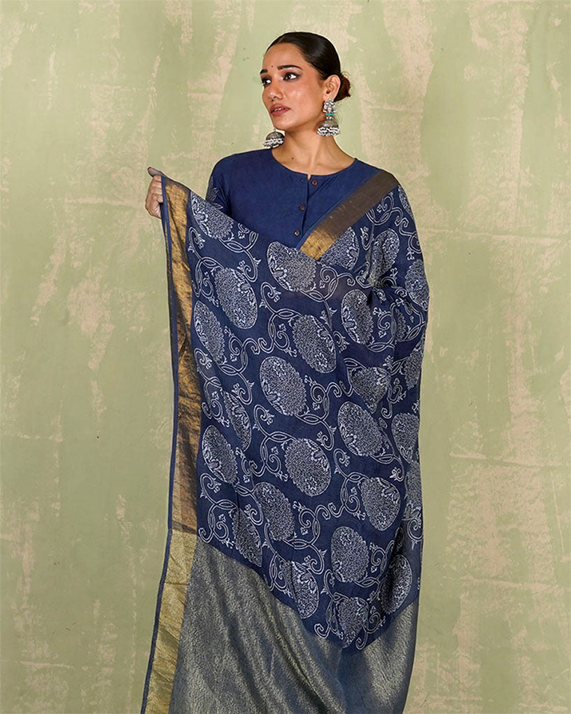 Rahi Blue Handblock Print Linen Saree - INDI
