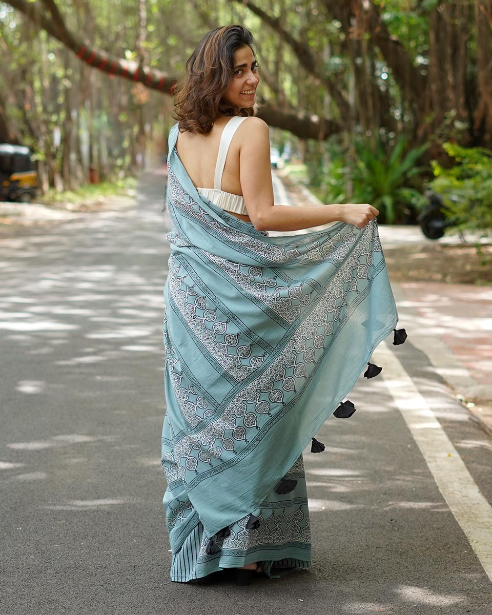 Misri Mist Blue Handblock Print Cotton Saree - PBC