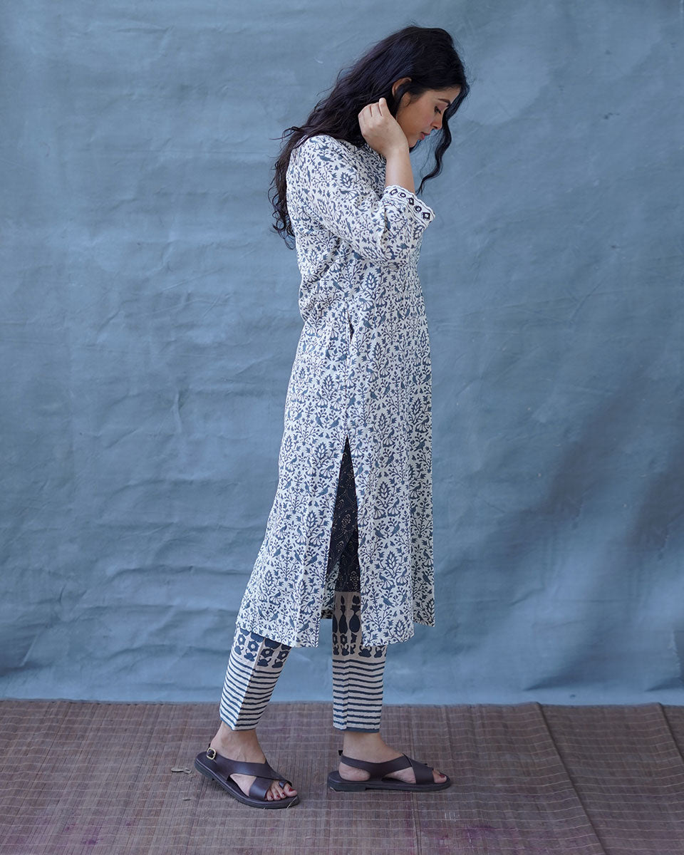 Monsoon Sea Grey Block Printed Cotton Kurti - BMS