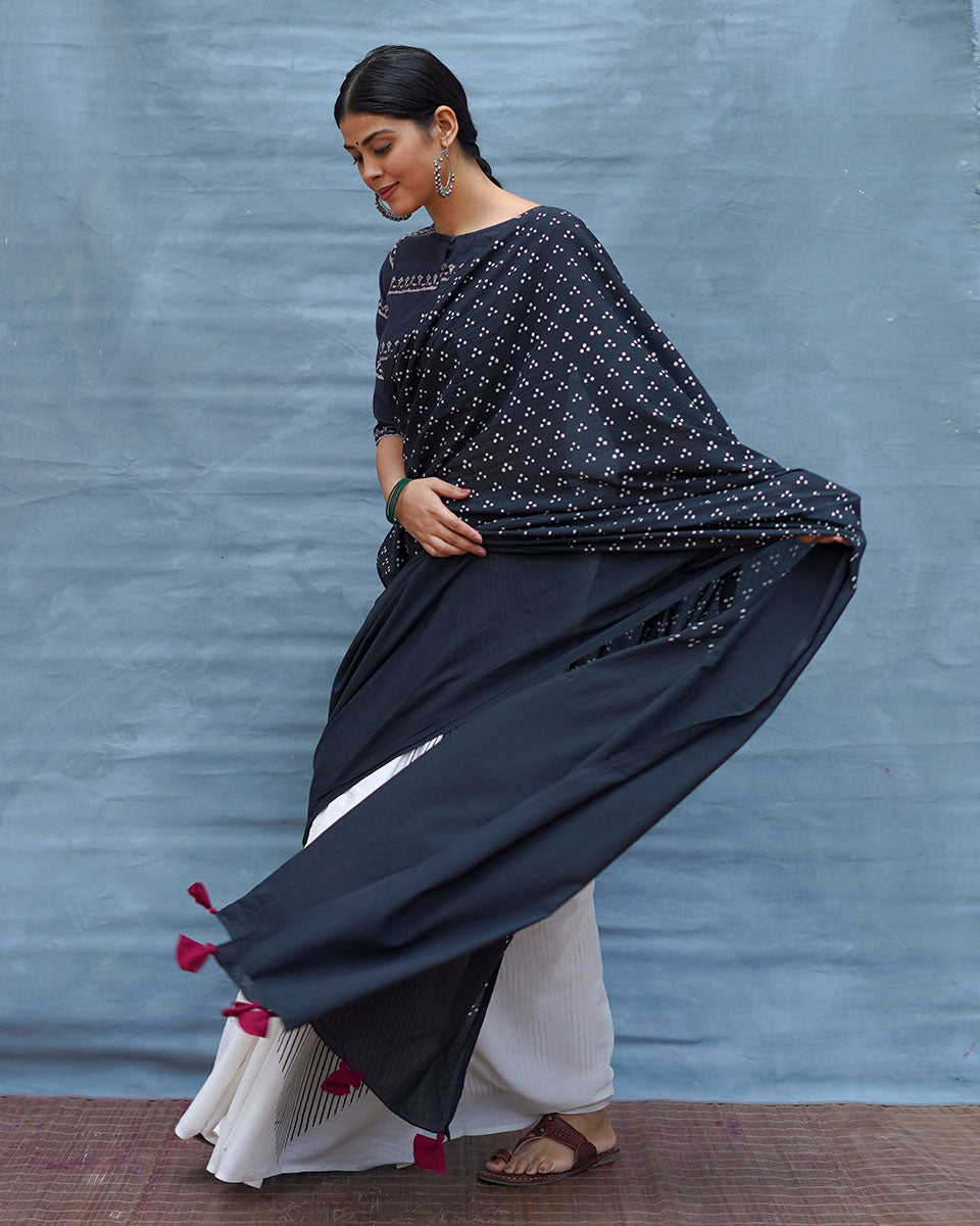 Monochrome Magic Black & White Handblock Print Cotton Saree - M&M