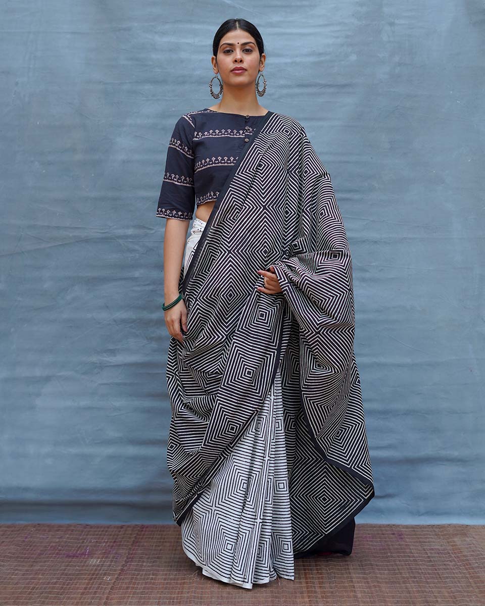 Vintage Muse Black & White Handblock Print Cotton Saree - M&M