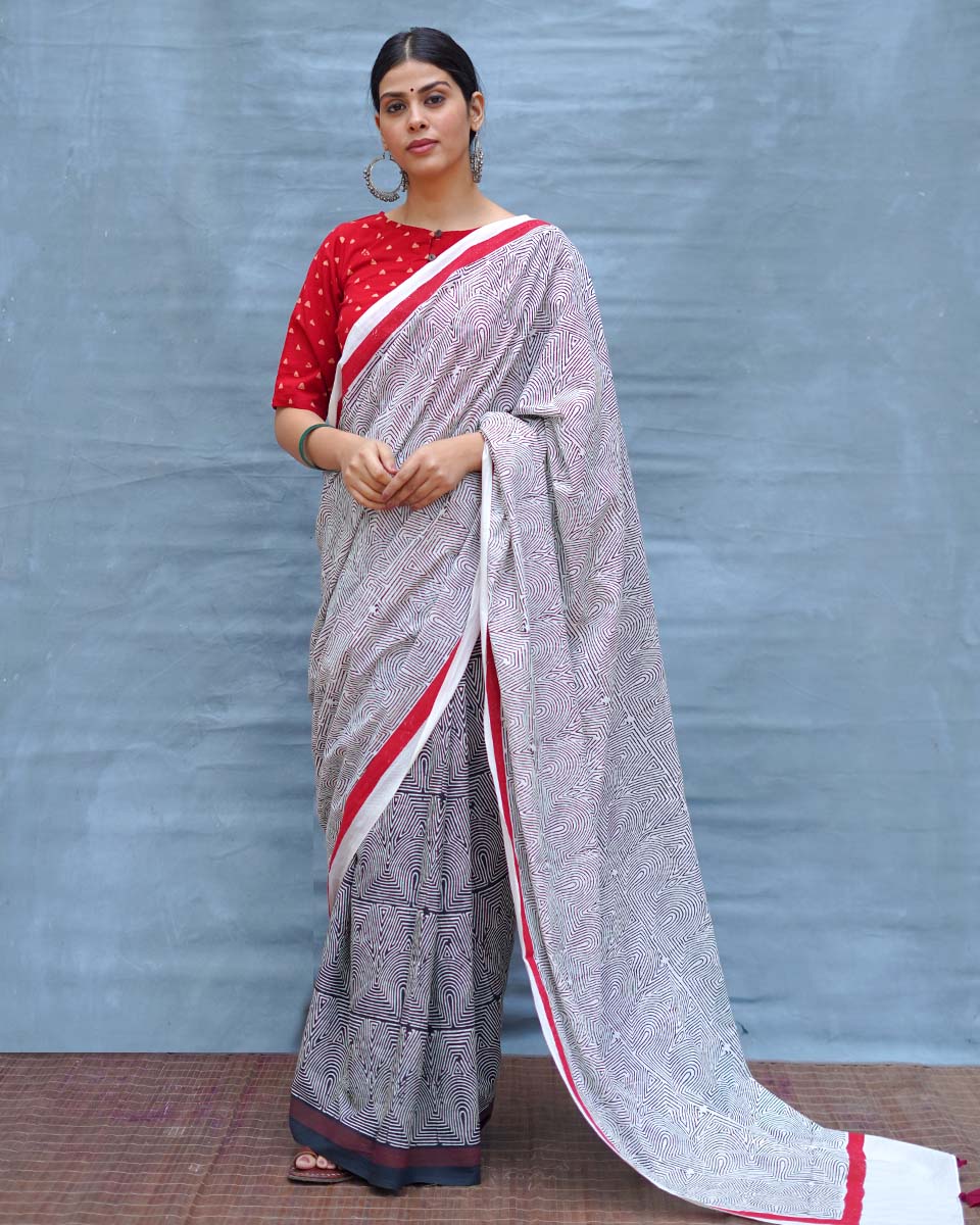 Vintage Poem Black & White Handblock Print Cotton Saree - M&M