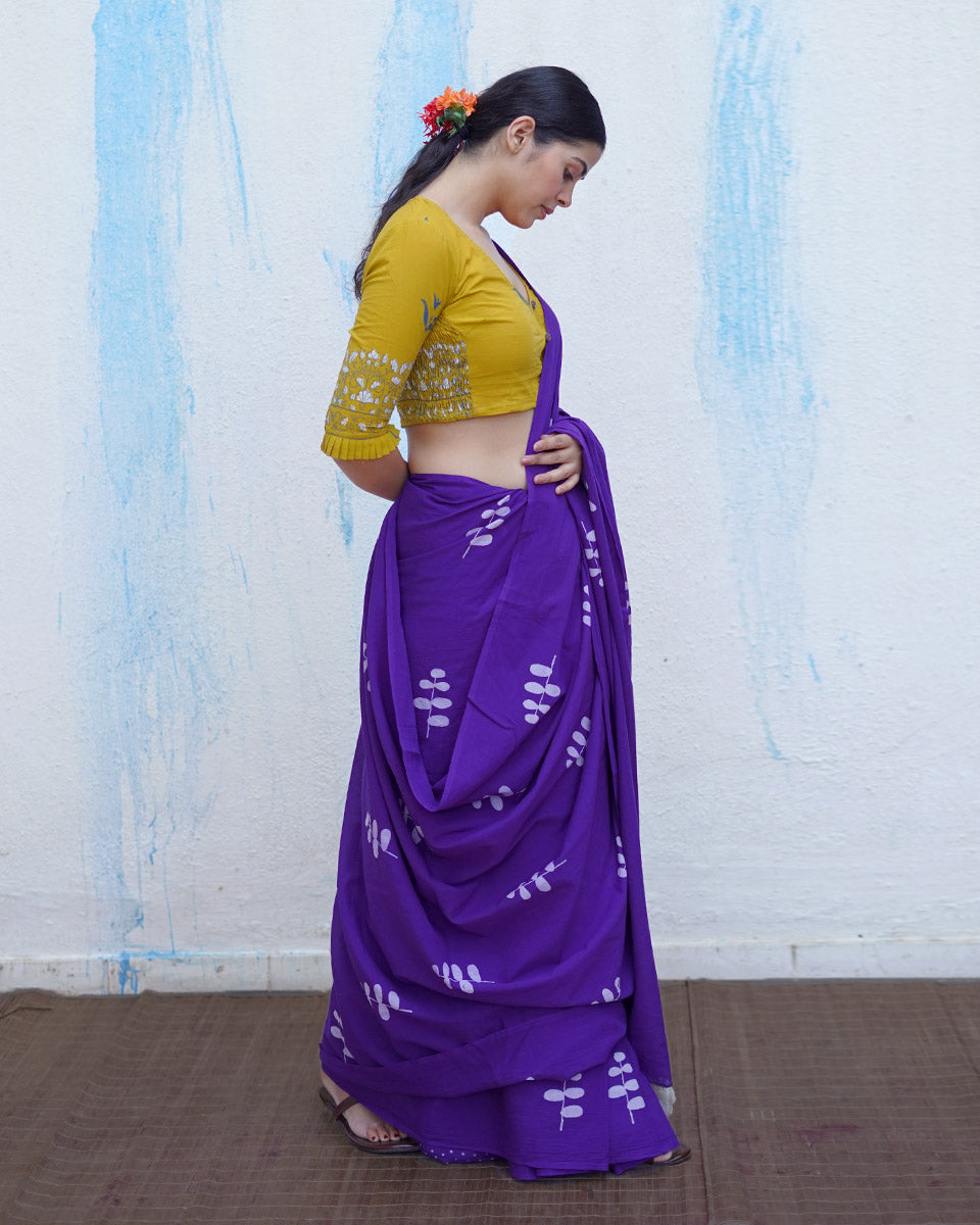 Kuhu Purple Handblock Print Cotton Saree - BFG