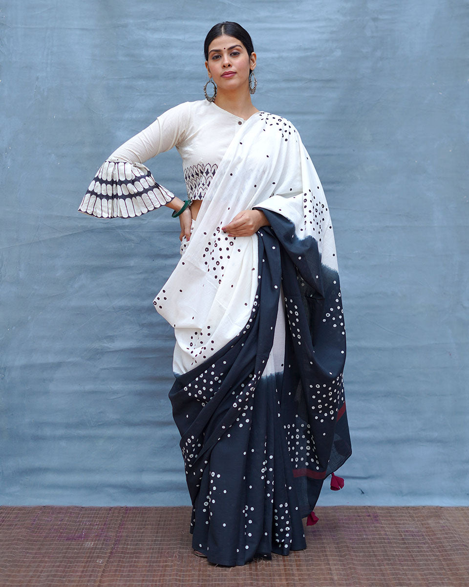 Colourblind Black & White Handblock Print Cotton Saree - M&M