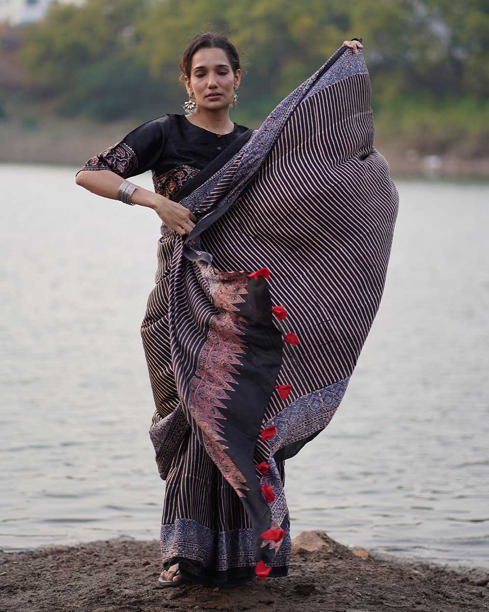 Bhumika Black Block printed Modal Silk Saree - Jaisal