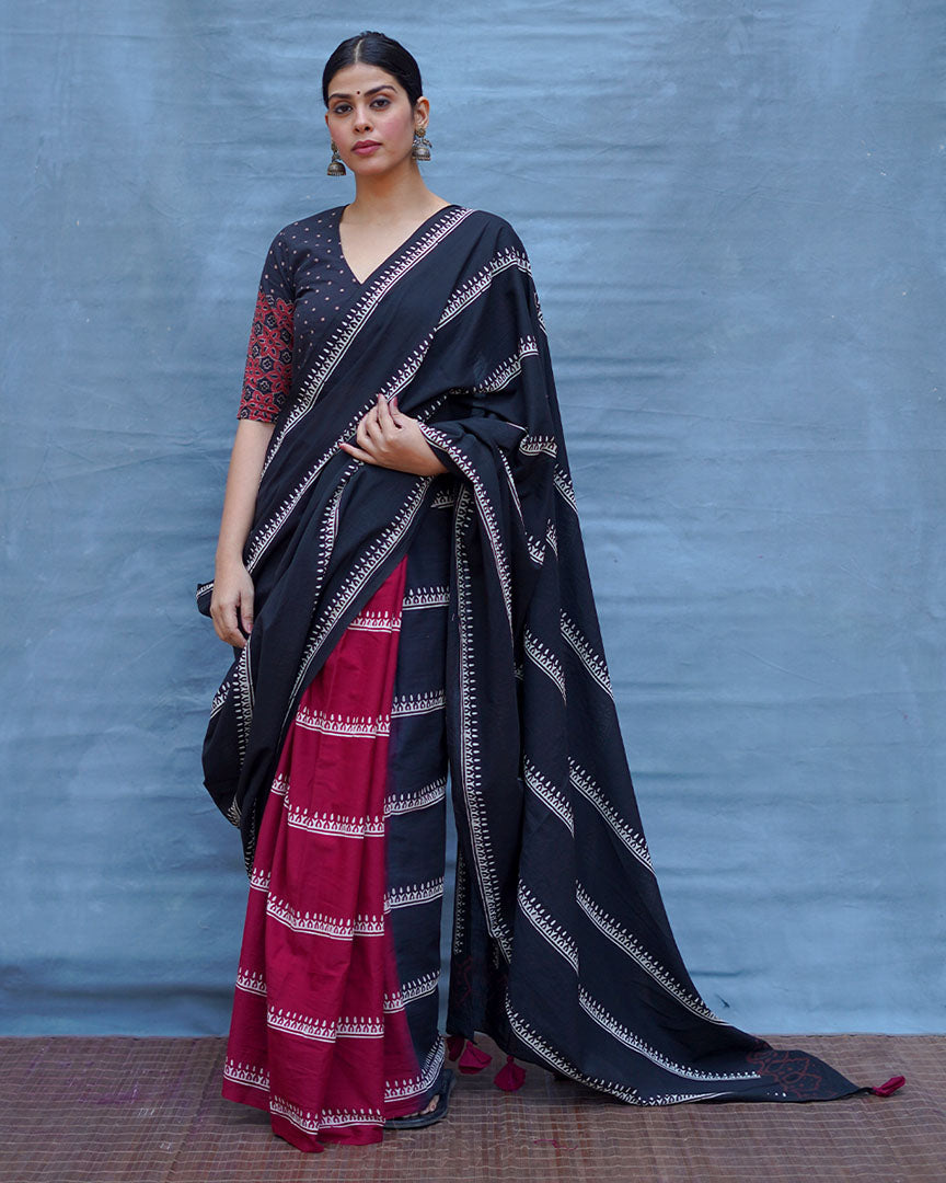 Mrinal Black With Maroon Handblock Printed Cotton Saree - Soil