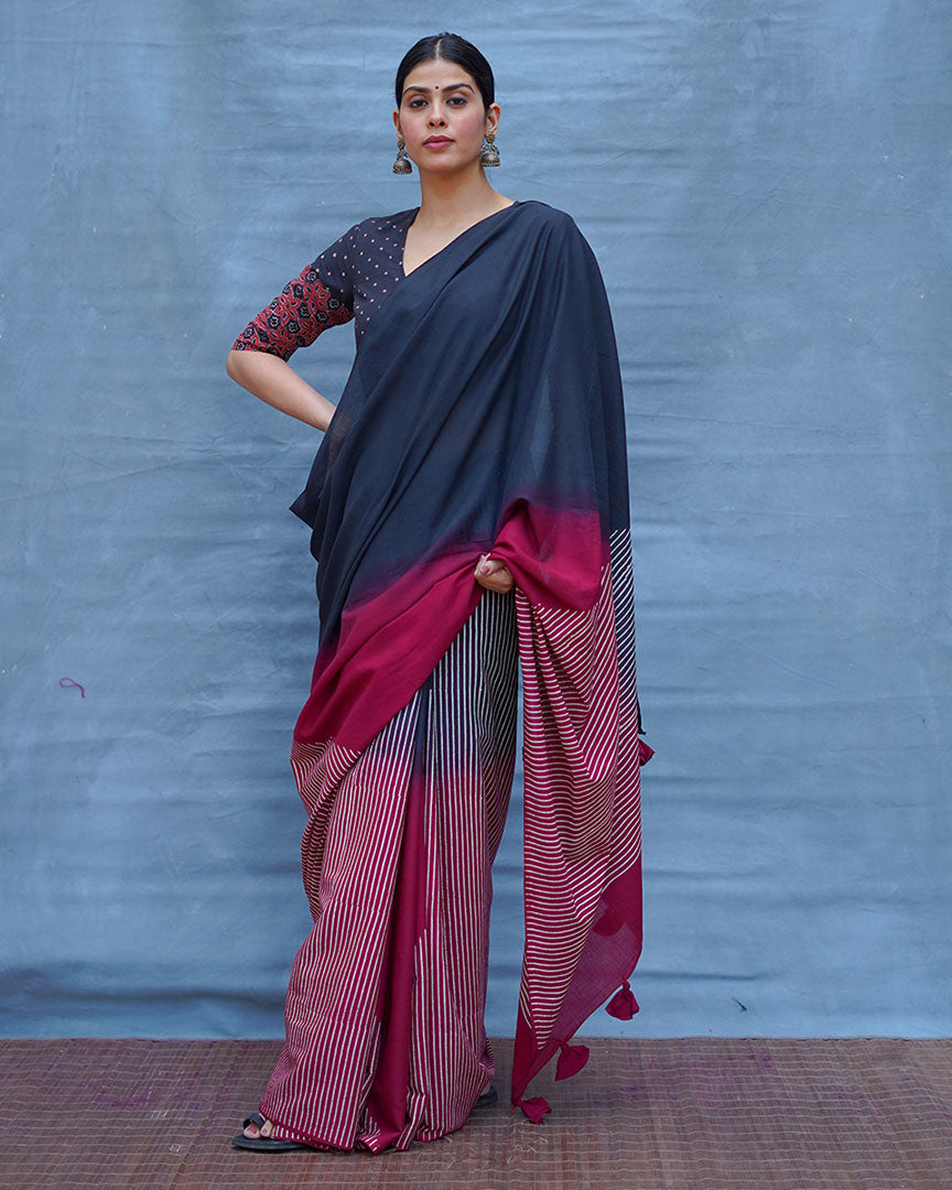 Bimala Black With Maroon Handblock Printed Cotton Saree - Soil