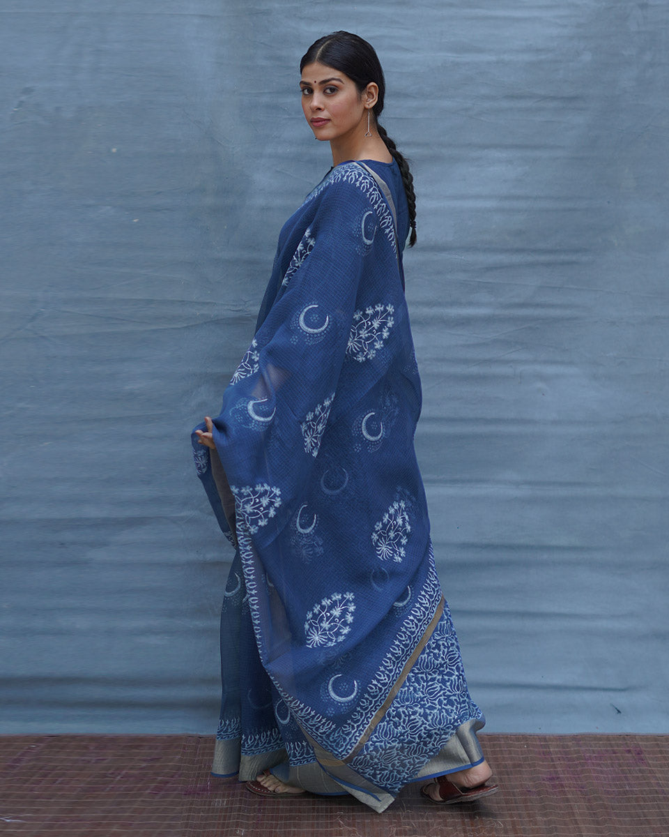 Moon water Blue Block Printed Kota Doria Saree - INDI