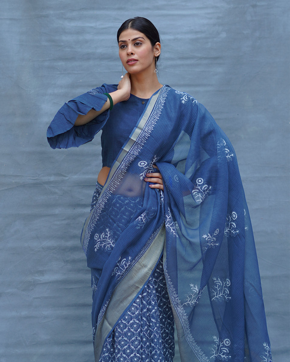 Sea Longing Blue Block Printed Kota Doria Saree - INDI
