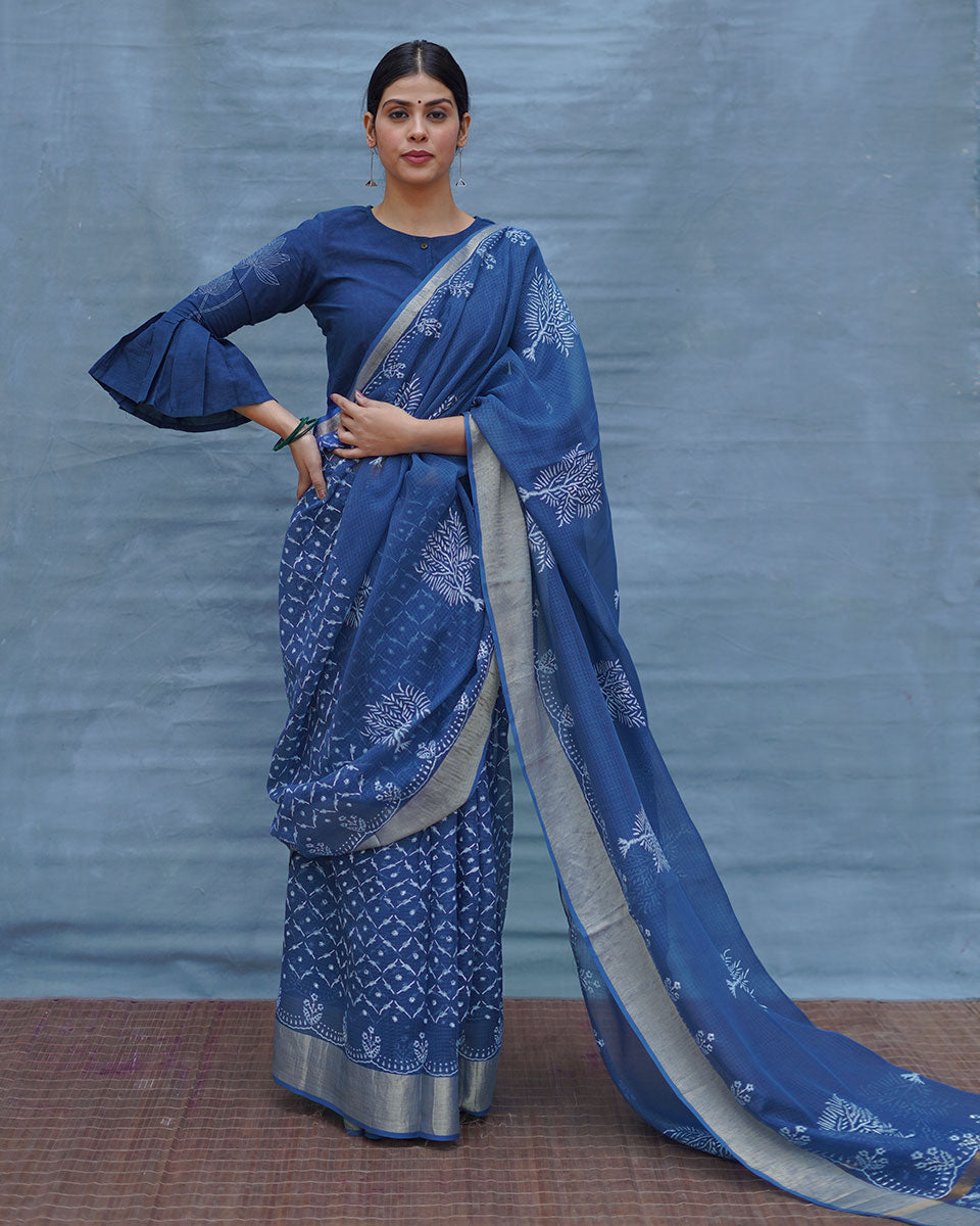 Salt Love Blue Block Printed Kota Doria Saree - INDI