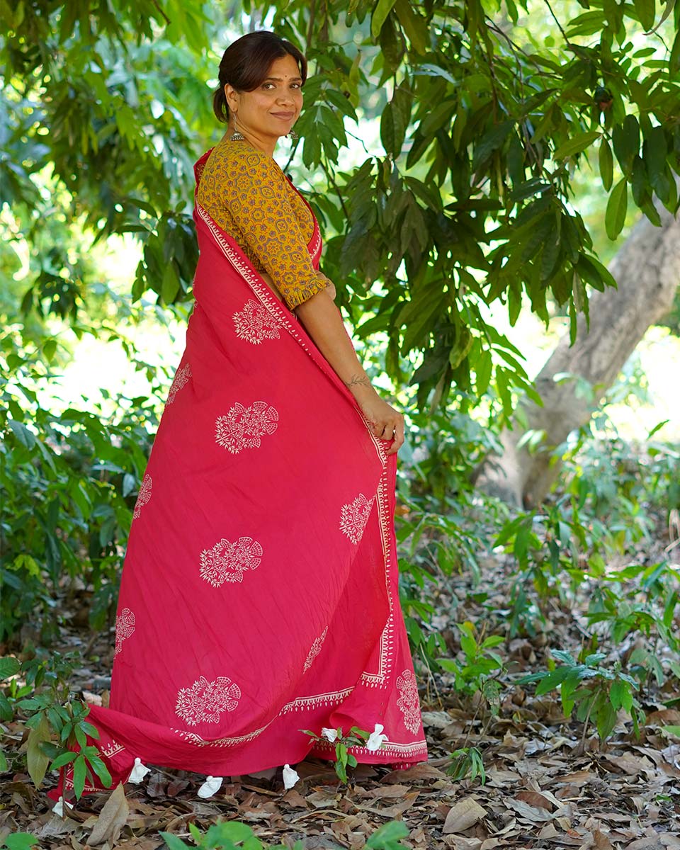 Walking Barefoot Red Hand Block Printed Cotton Saree - UMT