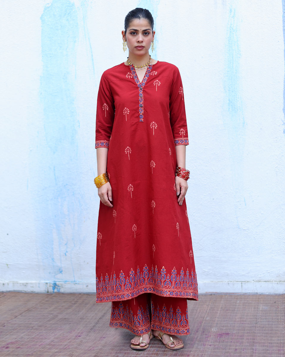 Anjuman Red Handblock Print Cotton Kurta Set - RSH