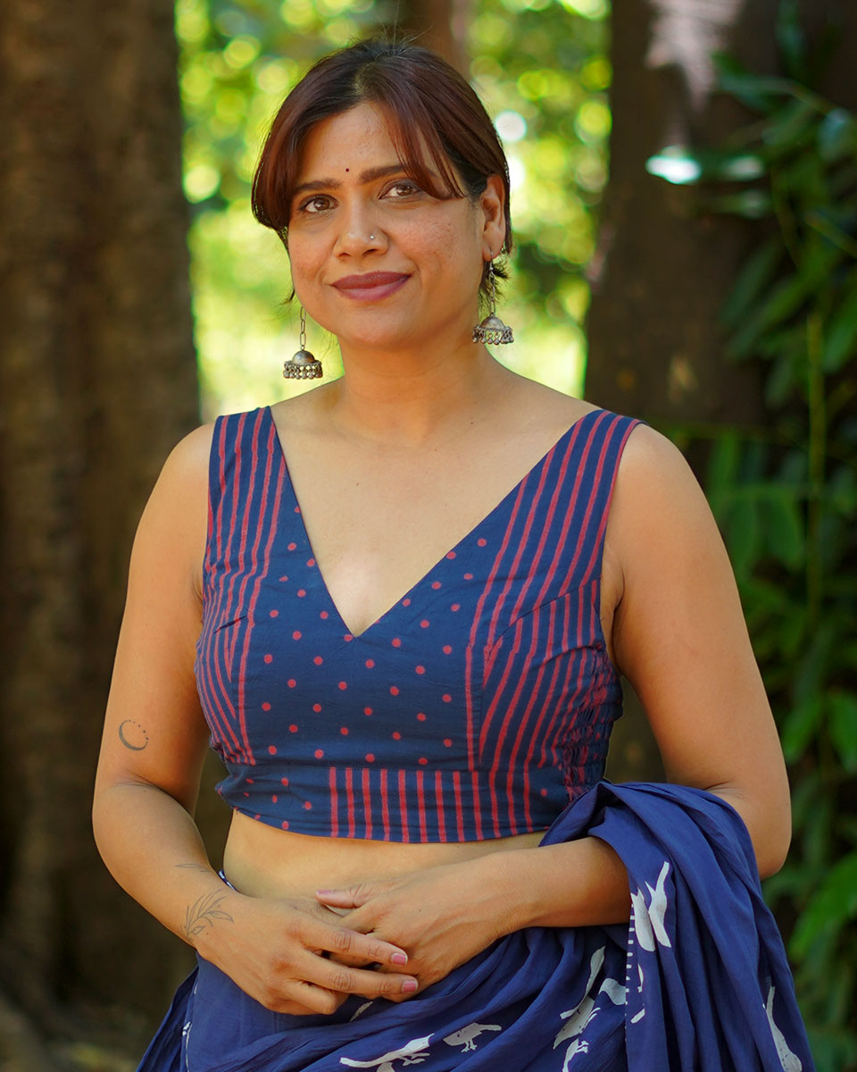 Playing till sunset Indigo Hand Block Printed Cotton Blouse - UMT