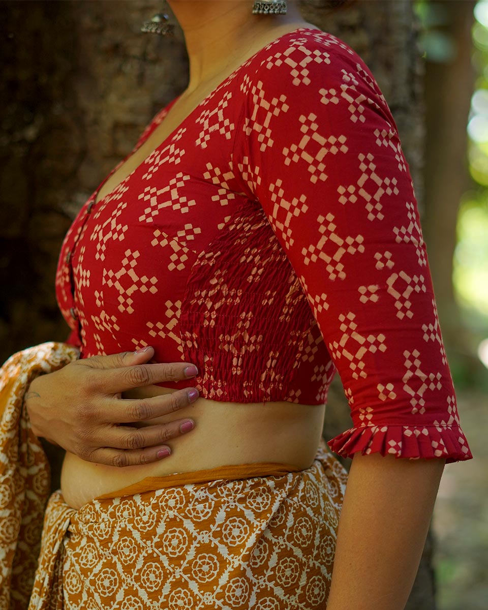 Gulkand Candies Rust Red Hand Block Printed Cotton Blouse - UMT