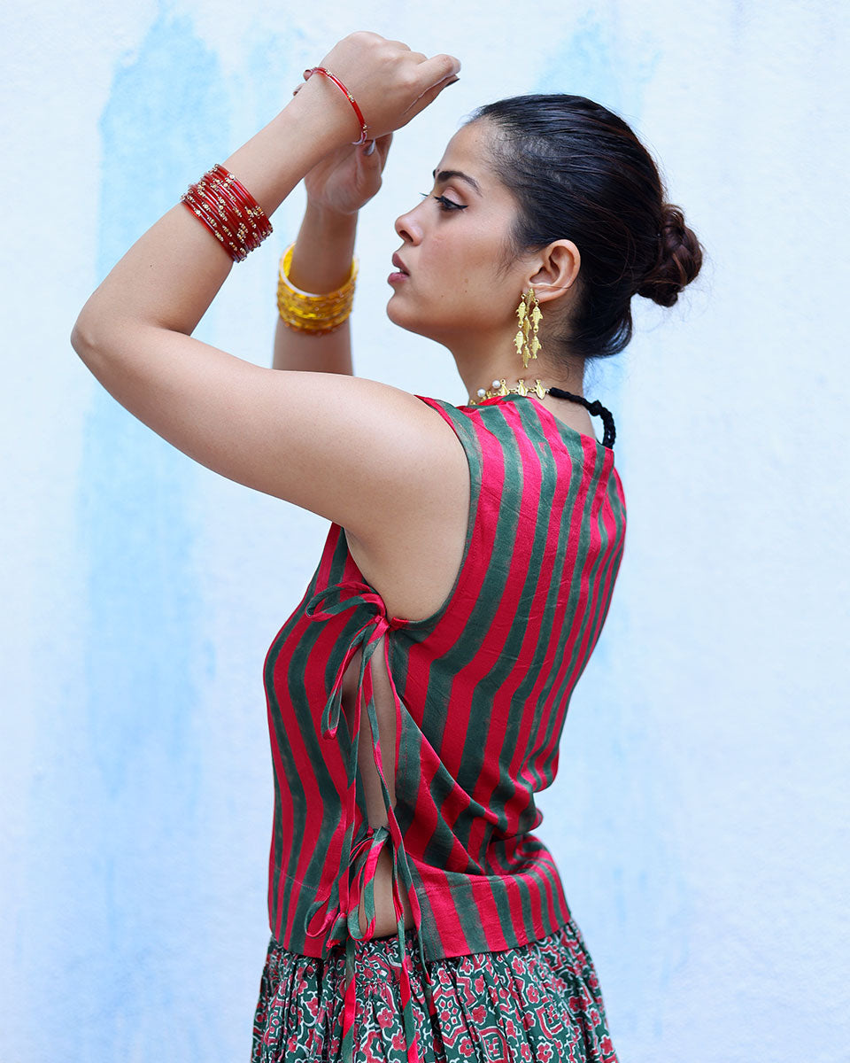 Ujvala Red With Green Handblock Print Mashru Silk Blouse - RSH