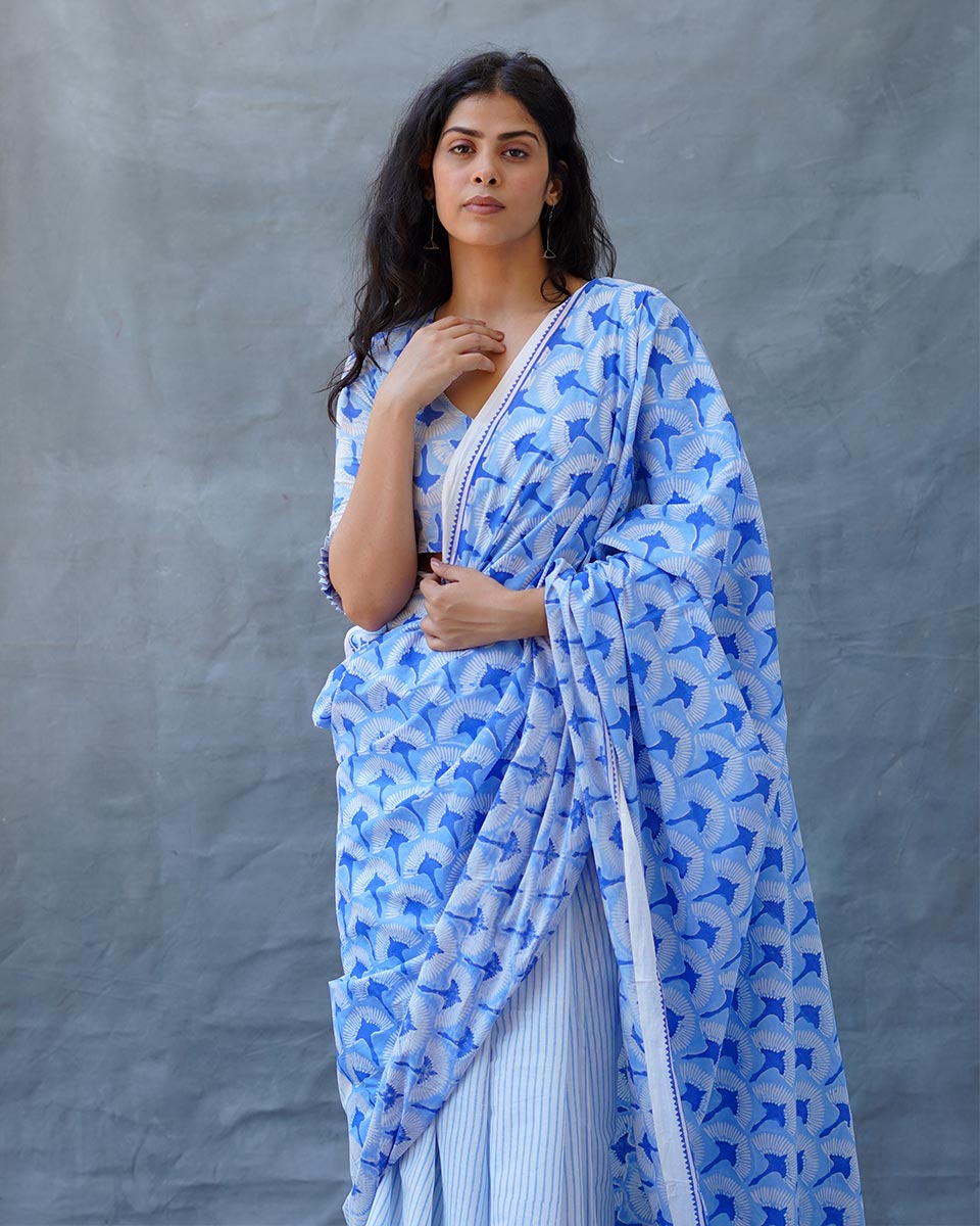 Maya Blue Hand Block Printed Saree-BAD