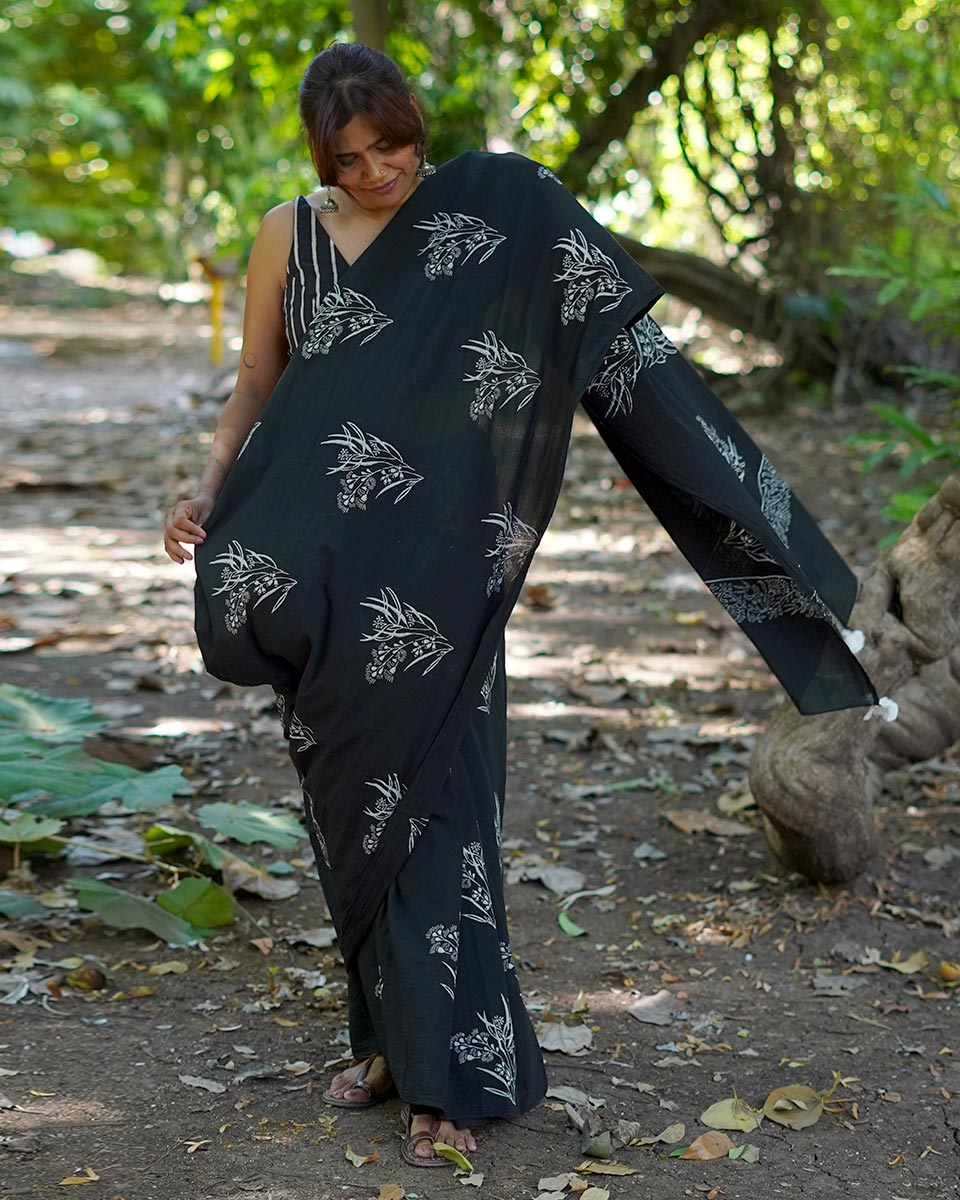 Afternoon Nap Black Hand Block Printed Cotton Saree - UMT