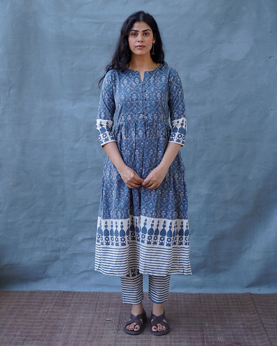 Hollow Dusk Grey Block Printed Kurta Set - BMS