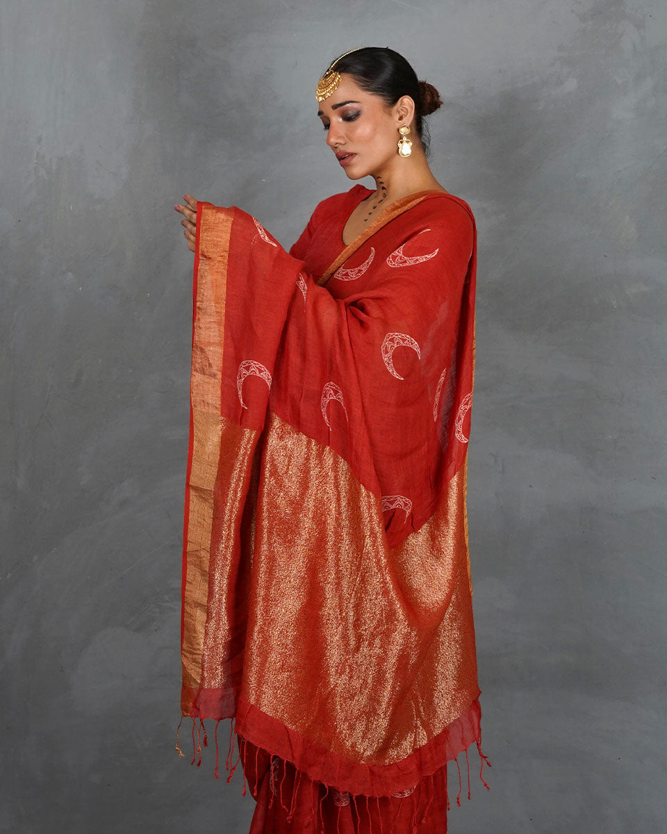 Taraani Red Handblock Linen Saree - TARA